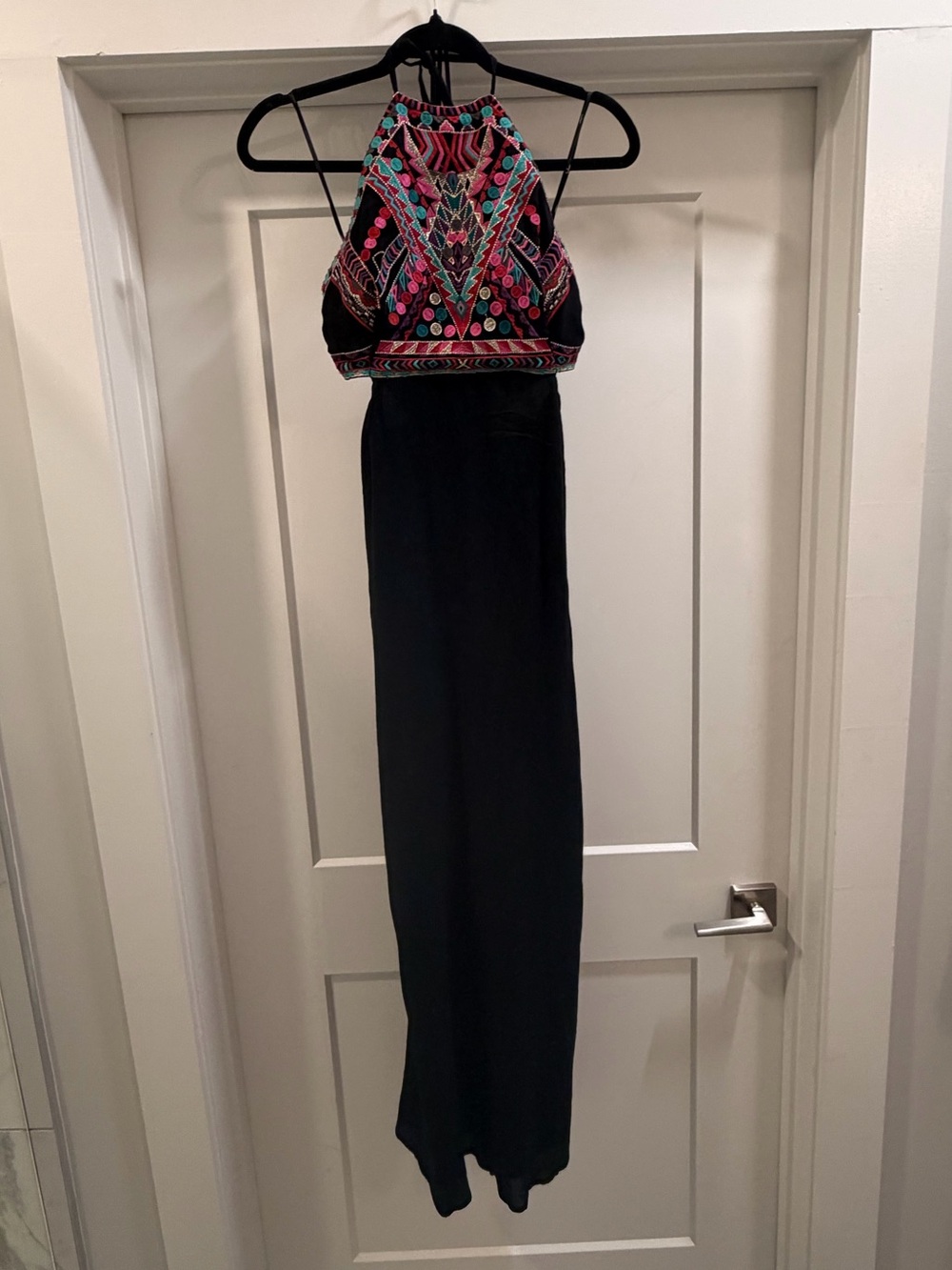Embroidered Black Halter Maxi Dress with Pink & Teal Accents